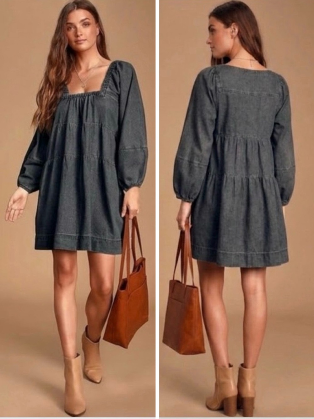 FREE PEOPLE Lou Jean Babydoll Dress in Black Grey  Denim Oversized Boho Sz. S